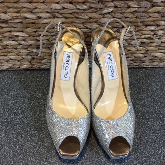 Jimmy Choo Silver “Nova” Peep Toe Heels - Picture 5 of 16
